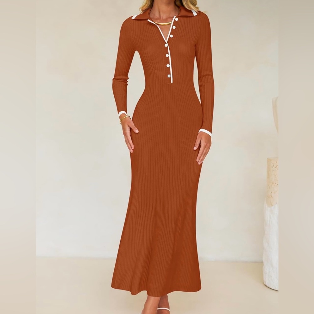 Chic Long Sleeve Collared Rust Dress with Button Accents
